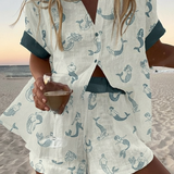 Esther - Coordinated Button-Up Shirt and Shorts Ensemble