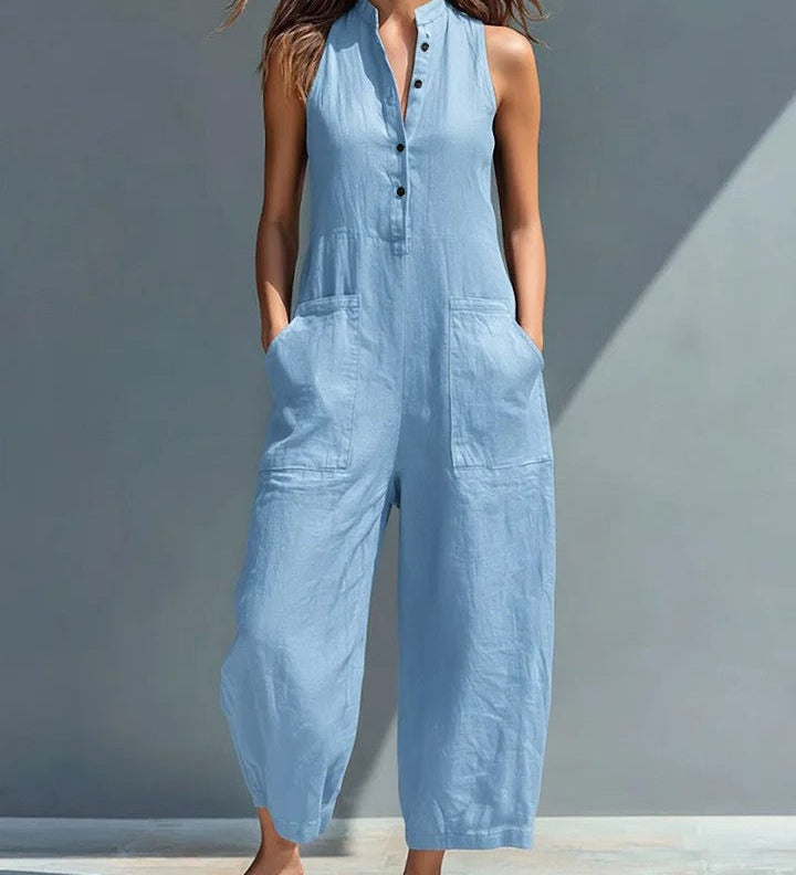 Black Minimalist Sleeveless Jumpsuit with Faux Linen Collar and Relaxed Fit