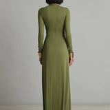 Brianna - Olive Satin V-Neck Long Dress