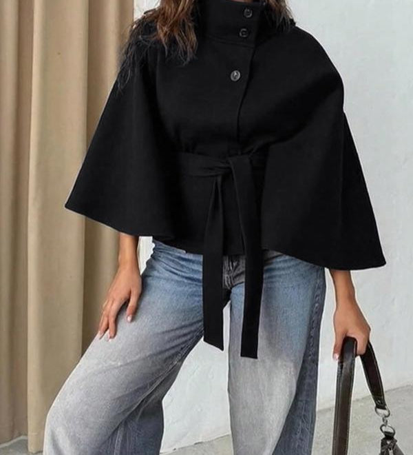 THELMAT - Wool Cape with Front Buckle Belt