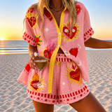 Willow - Heart Patterned Folk Print Short Set