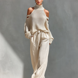 MARIA - Cold-Shoulder Turtleneck Knit Top & Wide-Leg Pants Ensemble
