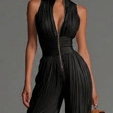 Black V-Neck Sleeveless Chiffon Jumpsuit with Wide Legs, Zip Closure, and Pleated Details