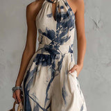 Sabryna - Halter Jumpsuit with Ink Print Design