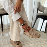 Poppy - Suede Fringe Slip-On Mules" can be rewritten as "Poppy - Suede Fringe Easy Slip-On Mules.