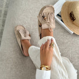 Poppy - Suede Fringe Slip-On Mules" can be rewritten as "Poppy - Suede Fringe Easy Slip-On Mules.
