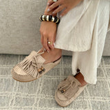Poppy - Suede Fringe Slip-On Mules" can be rewritten as "Poppy - Suede Fringe Easy Slip-On Mules.