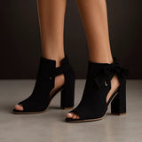 Monroe - Suede Peep-Toe Block Heel Sandals with Ankle Bow Detail