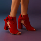 Monroe - Suede Peep-Toe Block Heel Sandals with Ankle Bow Detail